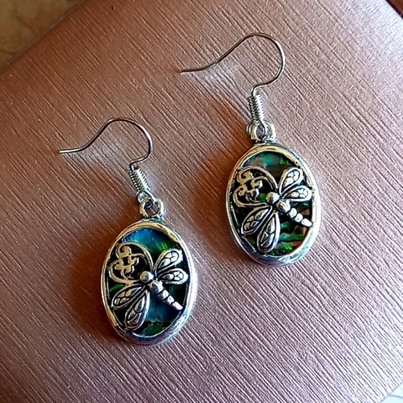 Jewelry - Dragonfly Abalone Shell Silver Tone Oval Earrings